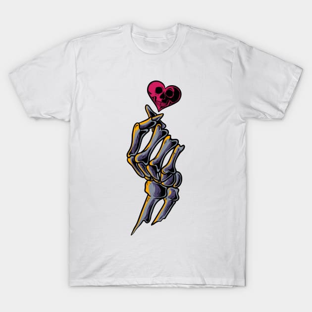 Skeleton Hand Korean Finger Heart Pink Skull Heart T-Shirt by anubis1986